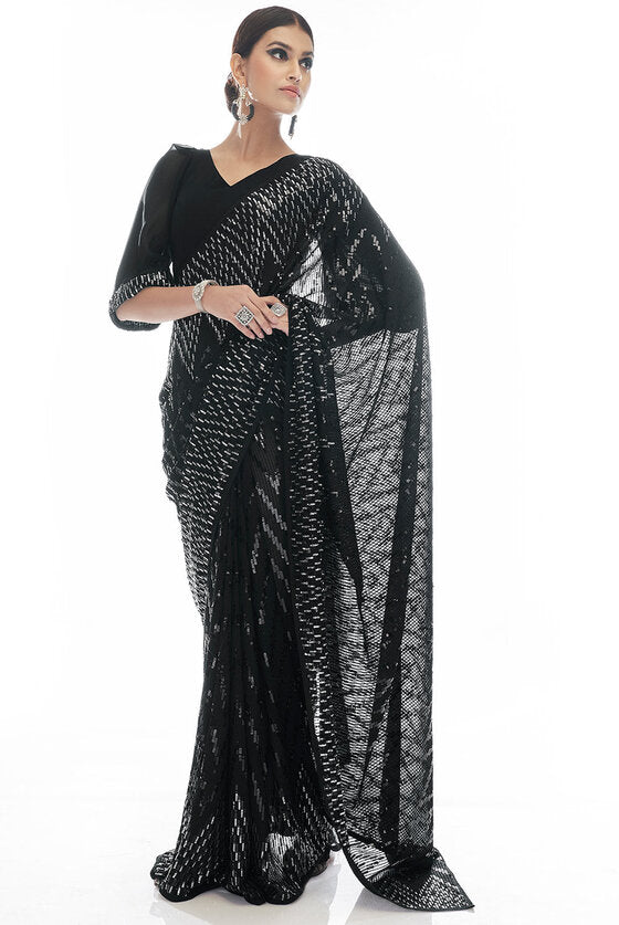 Midnight Black Sequins & Thread Embroidered Designer Georgette Saree