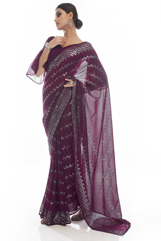 Plum Purple Sequins & Thread Embroidered Designer Georgette Saree