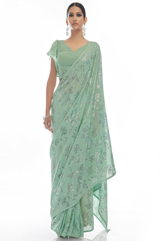 Sea Green Sequins & Thread Embroidered Designer Georgette Saree