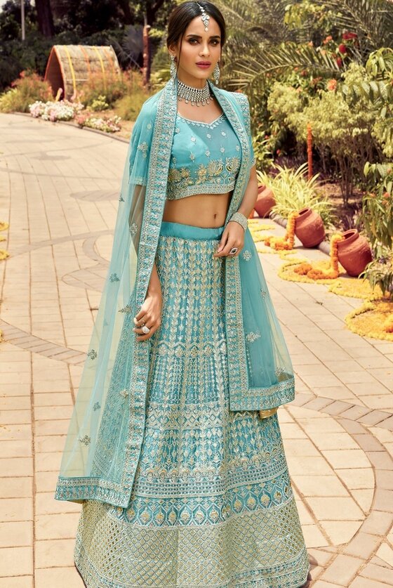 Light Turquoise Blue Organza Lehenga Choli With Zarkan, Gota, Zari & Resham Work