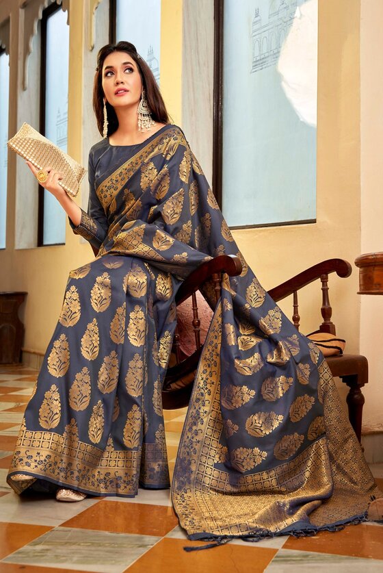 Golden Grey Woven Banarasi Silk Saree