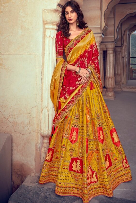 Yellow & Red Banarasi Silk Lehenga Choli With Heavy Embroidery Blouse & Border