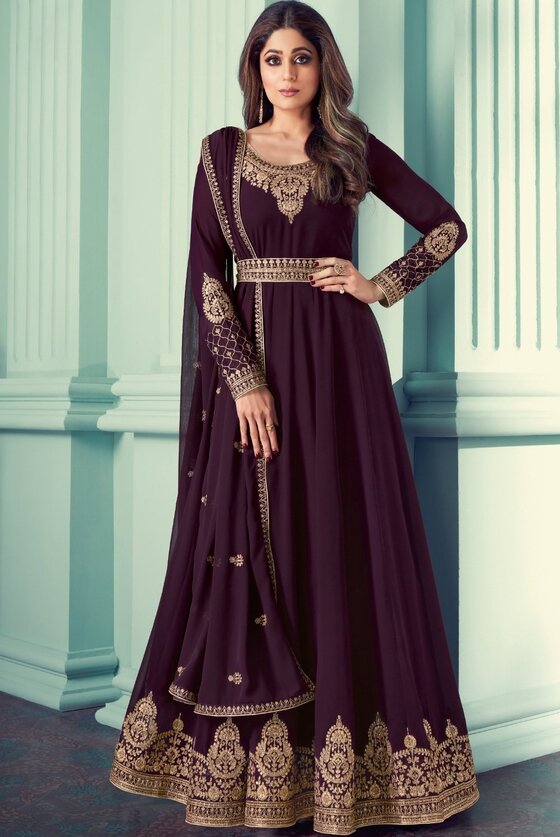 Wine Purple Georgette Embroidered Anarkali Suit