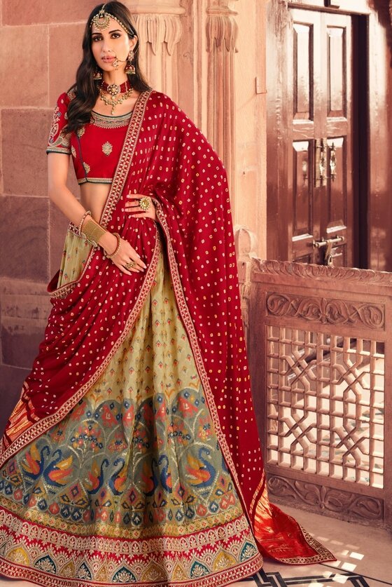 Green & Red Banarasi Silk Lehenga Choli With Heavy Embroidery Work