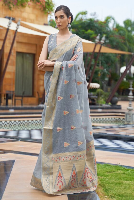 Grey Woven Banarasi Linen Saree