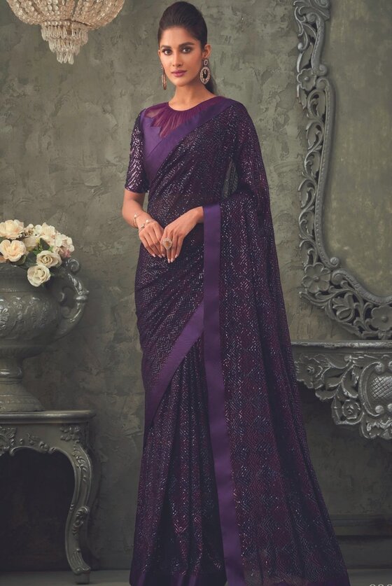 Purple Sequins Designer Georgette Saree