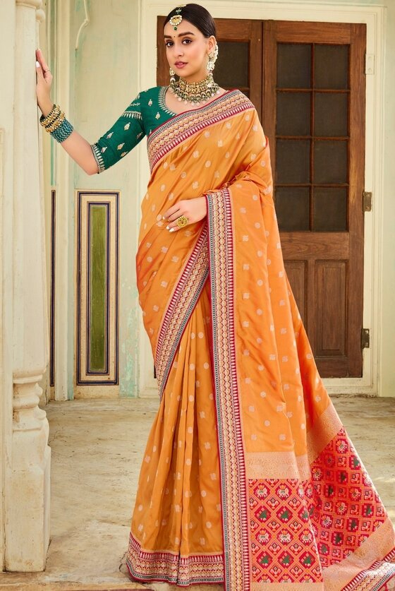 Salmon Orange Banarasi Silk Saree With Embroidered Blouse