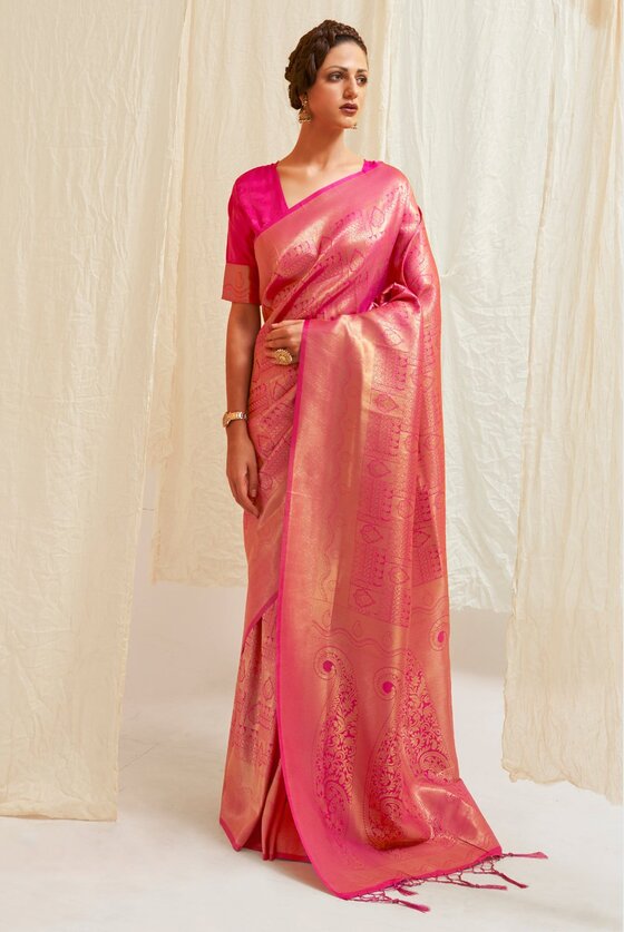 Golden Rich Pink Woven Kanjivaram Saree