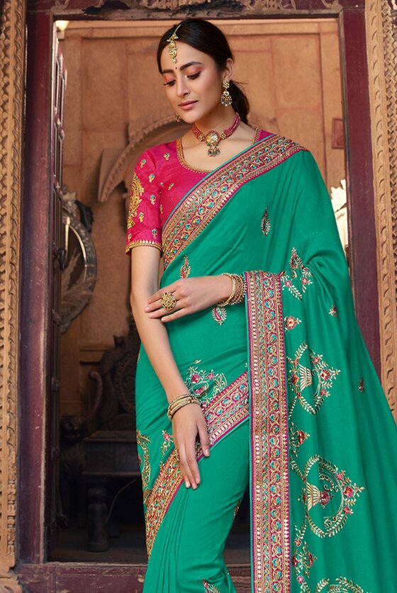 Green Designer Embroidered Silk Saree