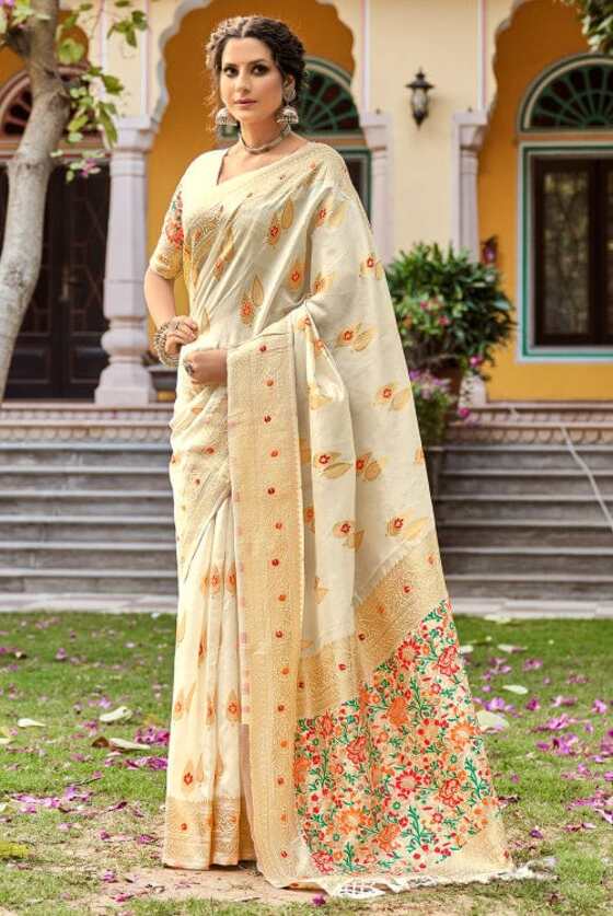 Pearl White Designer Banarasi Saree