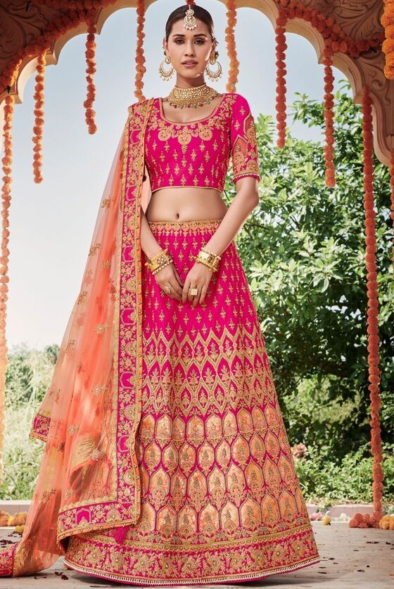 Hot Pink Embroidered Silk Lehenga Choli