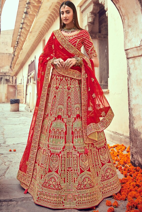 Rose Red Banarasi Silk Lehenga Choli With Jarkan,Cutdana, And Hand Embroidery Work