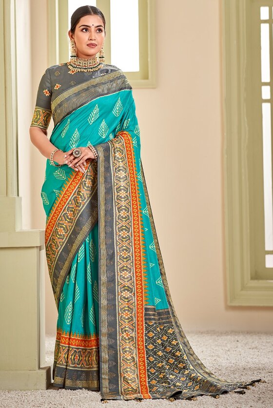 Teal Blue Woven Patola Silk Saree