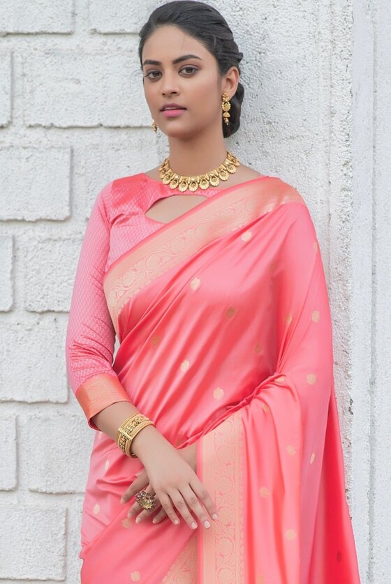 Rouge Pink Zari Woven Banarasi Silk Saree