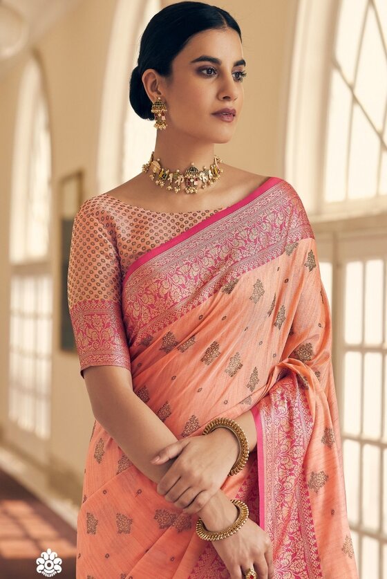 Blush Pink Woven Banarasi Tussar  Silk Saree